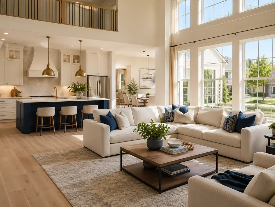 Open-concept great room with a vaulted ceiling in a newly built Travelers Rest home