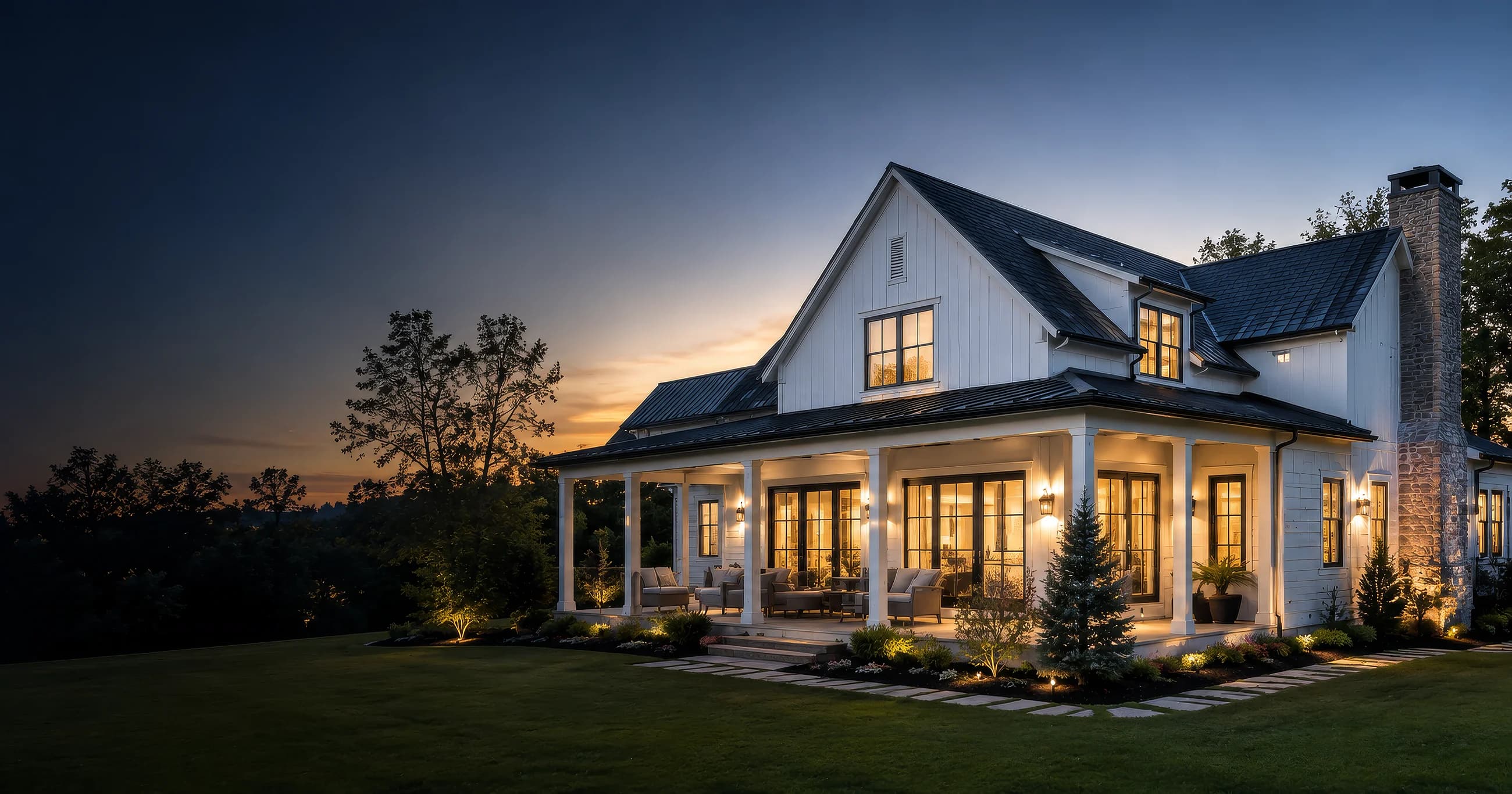 A new white farmhouse-style home at dusk with a warm-lit wrap-around porch and landscaped lawn in Travelers Rest, SC